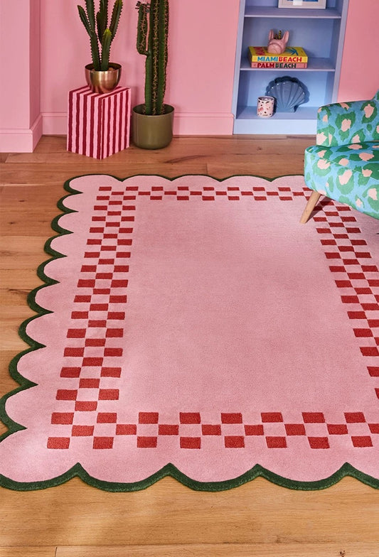 Checker Scallop Handwoven Rug – Pink, Red & Green
