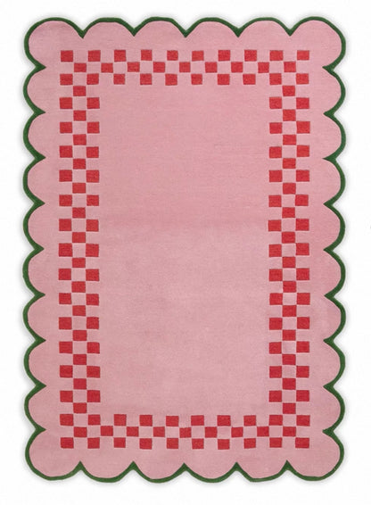 Checker Scallop Handwoven Rug – Pink, Red & Green