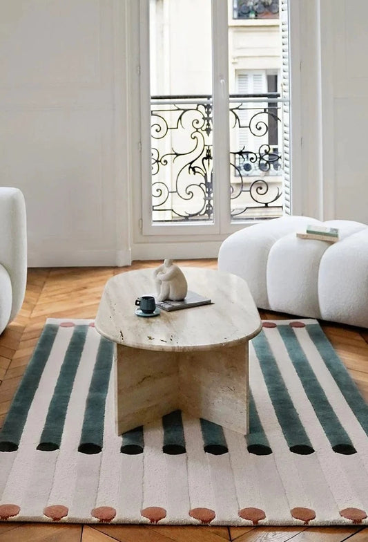 Polka Stripe Handwoven Rug – Teal, Ivory & Deep Ink Green