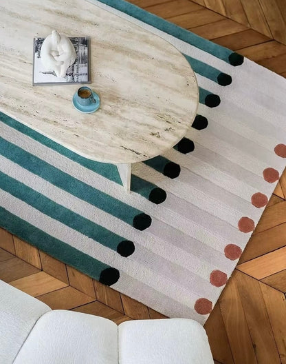 Polka Stripe Handwoven Rug – Teal, Ivory & Deep Ink Green