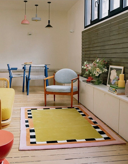 Checkerboard Frame Handwoven Rug – Mustard & Pink