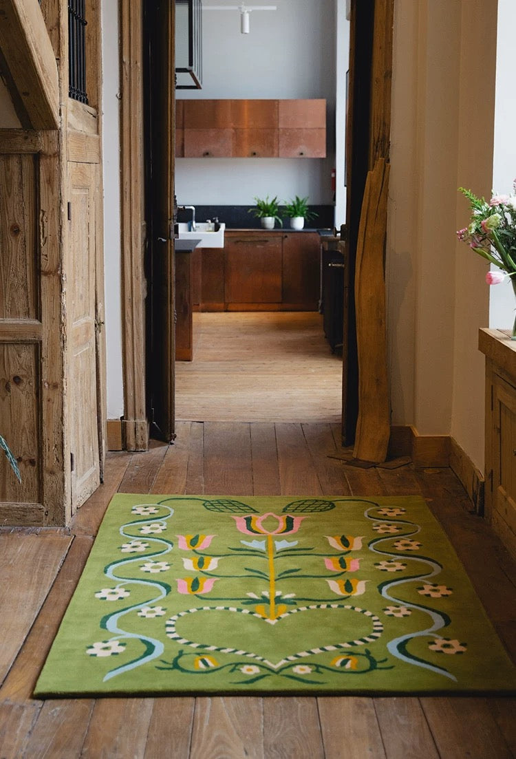 Botanical Garden Green Handwoven Rug – Floral Pattern