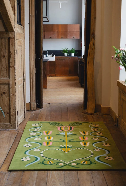 Botanical Garden Green Handwoven Rug – Floral Pattern