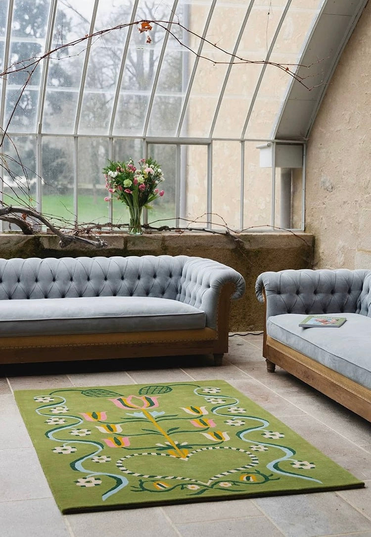 Botanical Garden Green Handwoven Rug – Floral Pattern