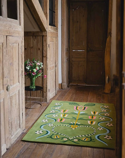 Botanical Garden Green Handwoven Rug – Floral Pattern