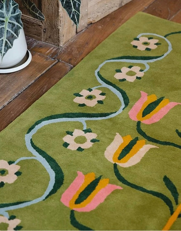 Botanical Garden Green Handwoven Rug – Floral Pattern