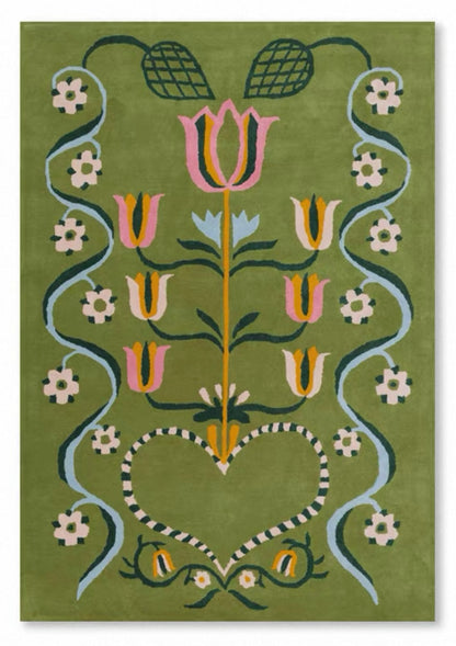 Botanical Garden Green Handwoven Rug – Floral Pattern