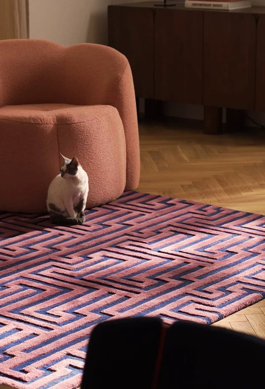 Maze Path Handwoven Rug – Rose Pink & Deep Navy