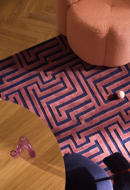 Maze Path Handwoven Rug – Rose Pink & Deep Navy