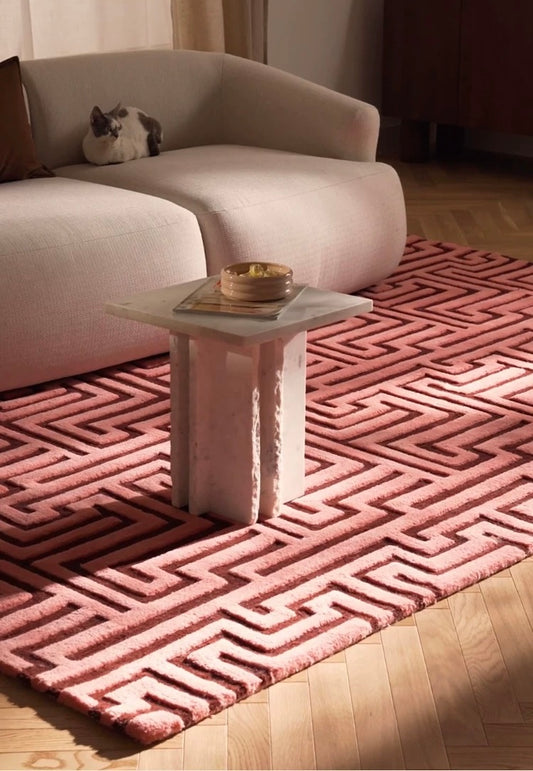 Maze Path Handwoven Rug – Coral Pink & Chocolate Brown