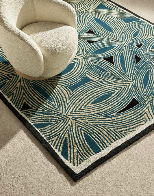 Petal Vein Handwoven Rug – Teal & Cream