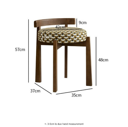 Measurement chart of a wooden stool with cushioned seat on a white background