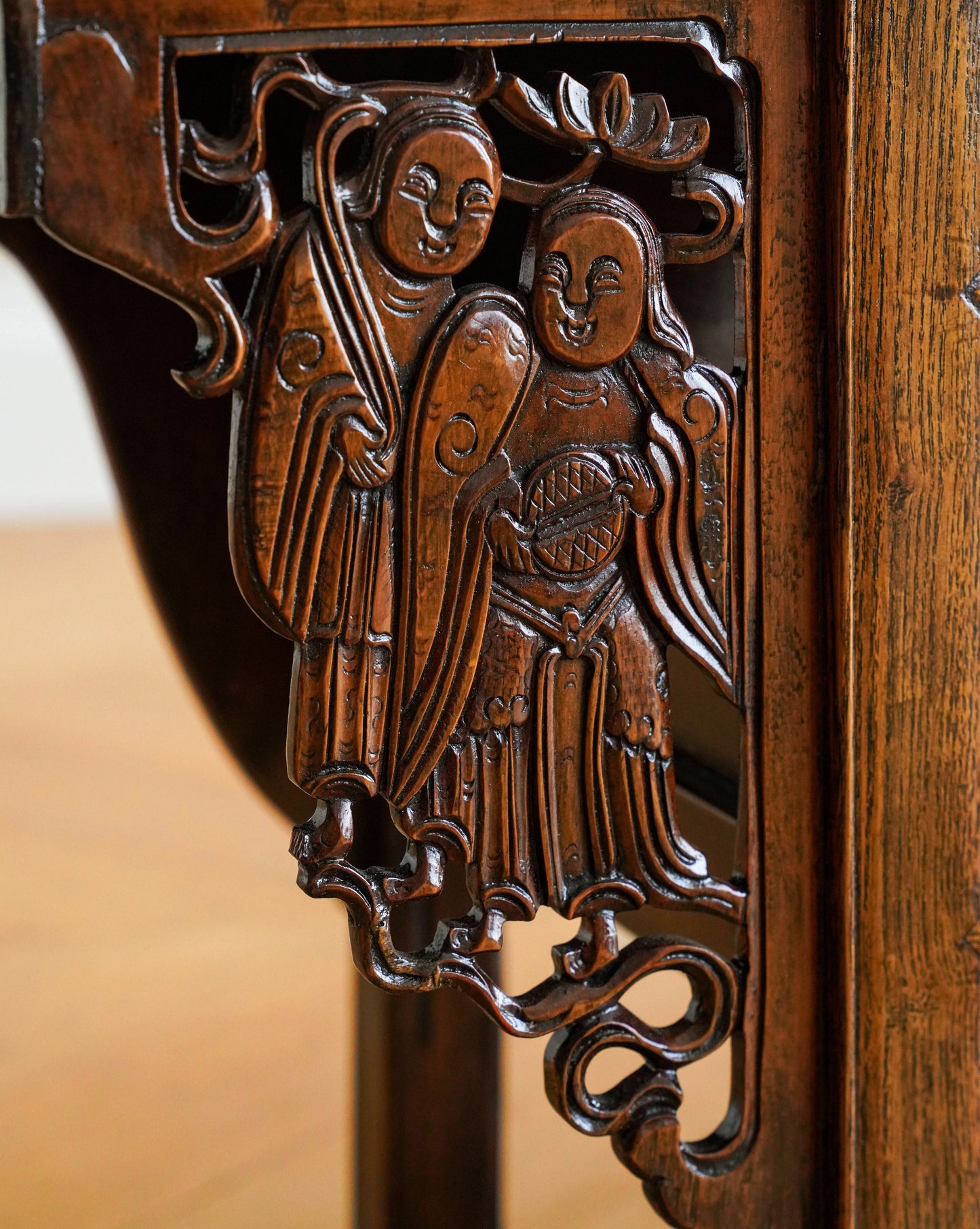 Chinese 20th Century Elmwood Carved Low Cabinet