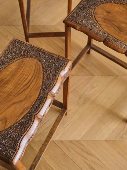 Wood Carving Craft Nesting Table Three Piece Set