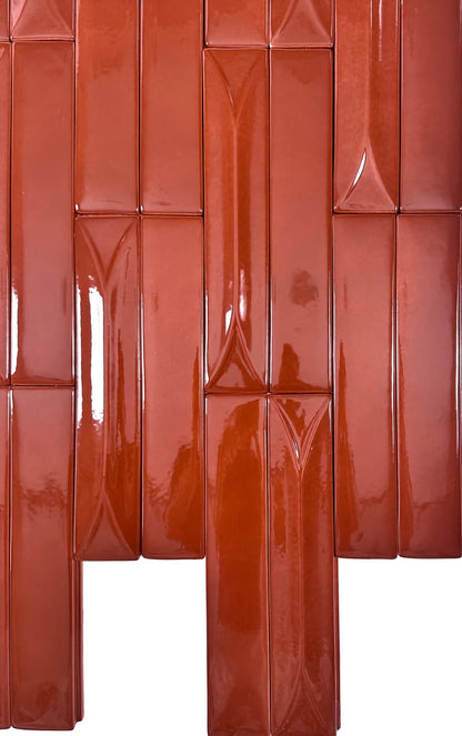 Detailed view of MIOLISM Crimson Bow tile showing high-gloss Cinnabar red glaze and tapered relief spine