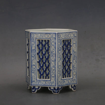 Hexagonal Openwork Blue and White Scholar’s Brush Pot