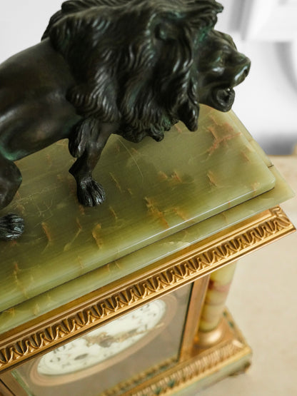 Gilt-Bronze and Agate Fireplace Clock with Bronze Lion