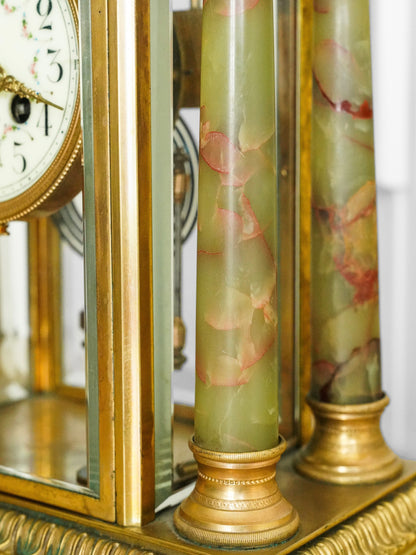 Gilt-Bronze and Agate Fireplace Clock with Bronze Lion