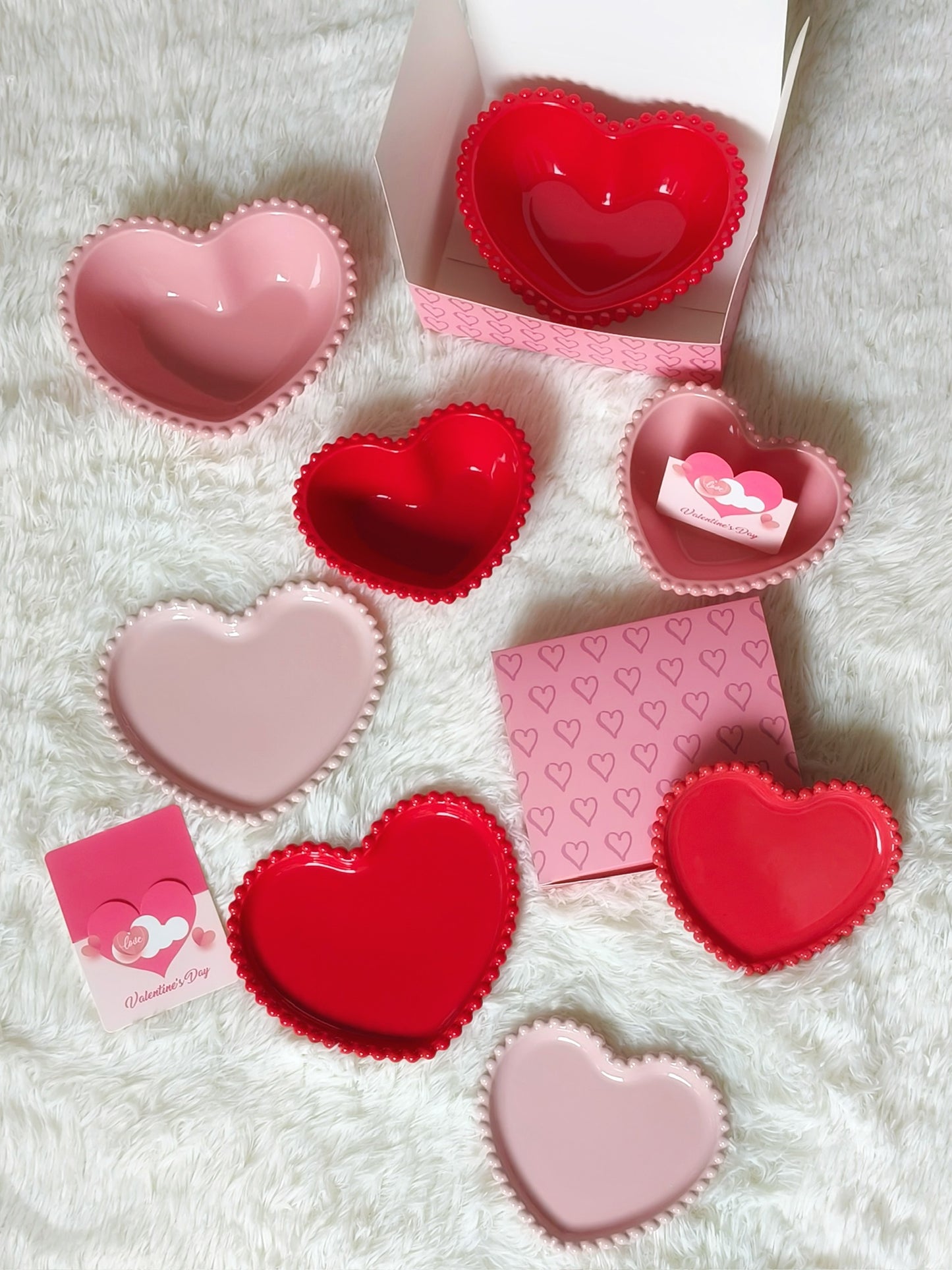 Heart-Shaped Valentine's Day Ceramic Plates and Bowls with gift boxes and cards