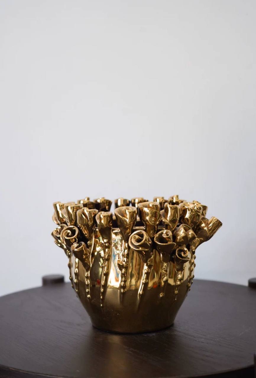 Hand-crafted artisanal gold-plated ceramic vase